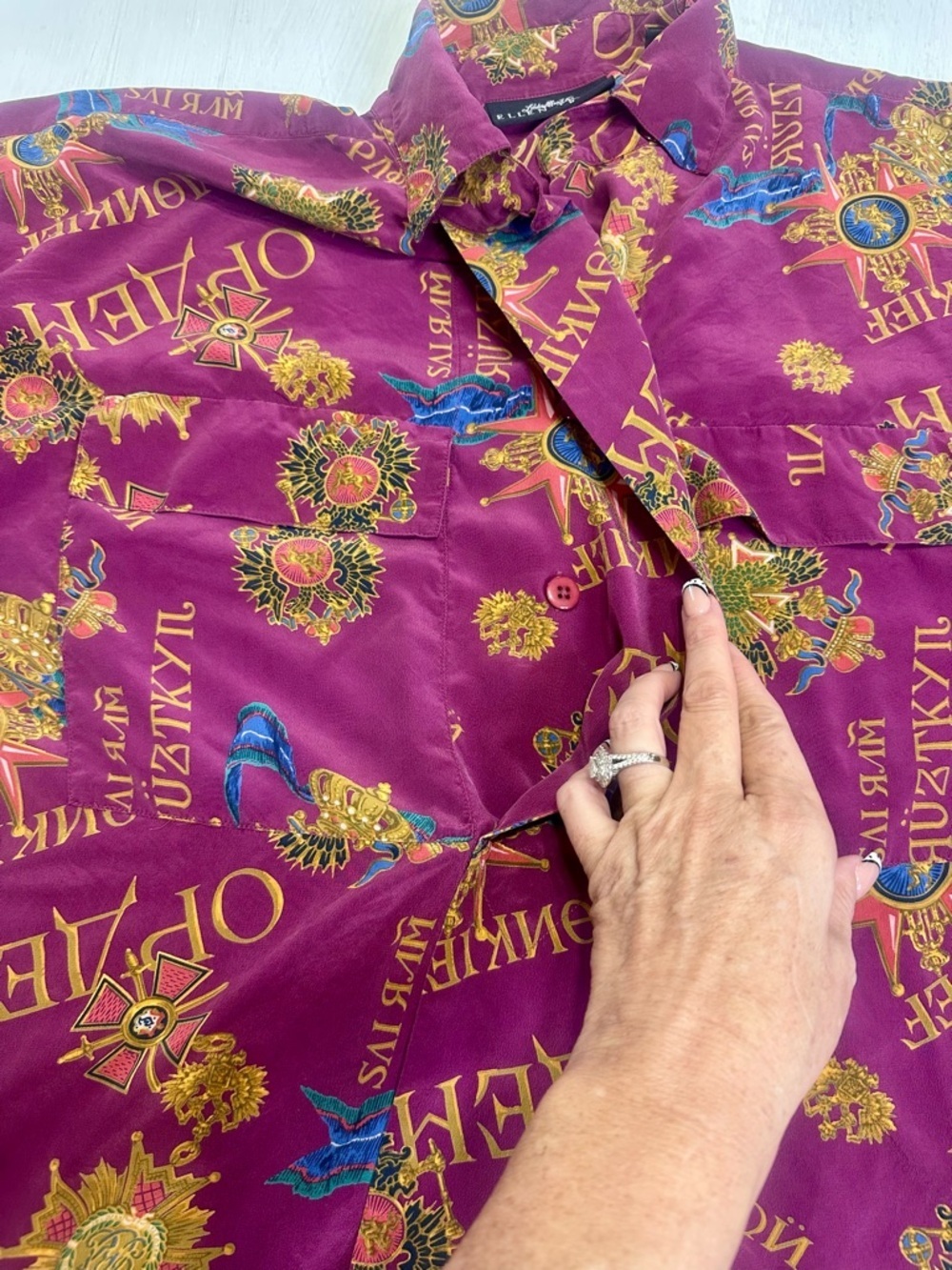 90s Silk Baroque Blouse Linda Allard For  Ellen Tracy Magenta Gold Rich Mom 14 - Picture 7 of 11